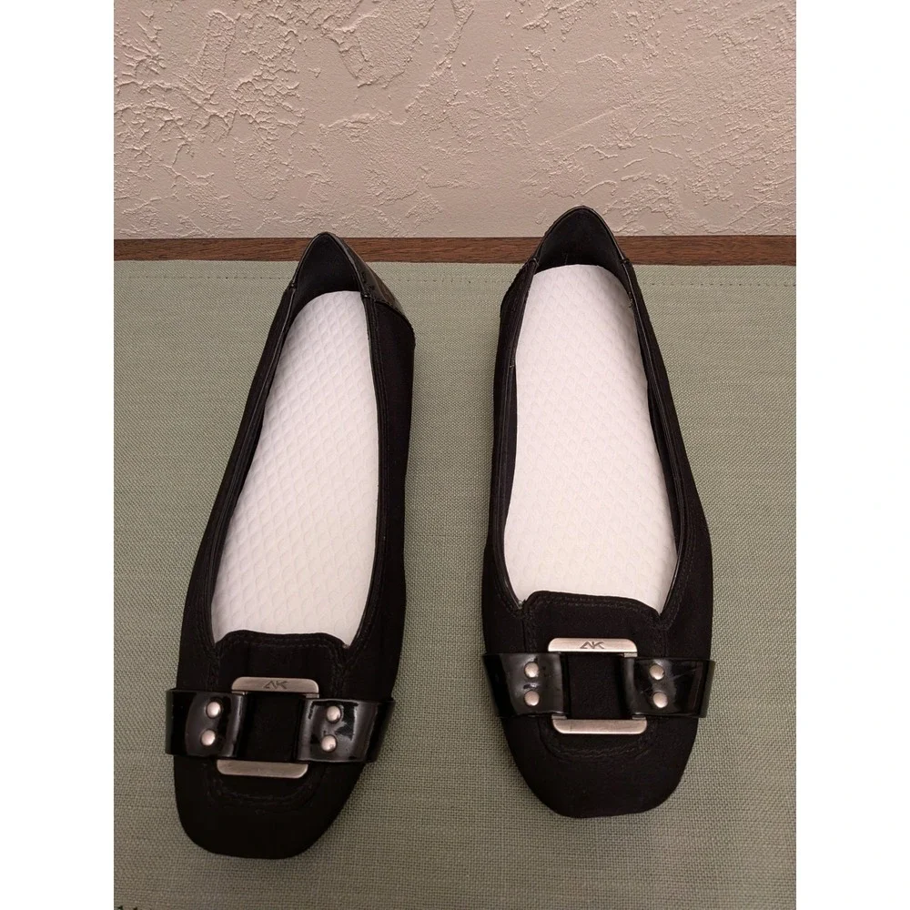 Anne Klein Underpin Black Fabric Patent Buckle Ballet Flats‎ 9.5M
